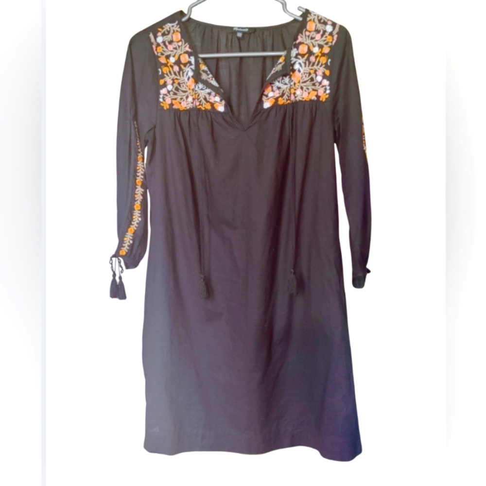 Madewell Embroidered Slit Sleeve Dress Womens S Black Split V Neck Shift Tunic